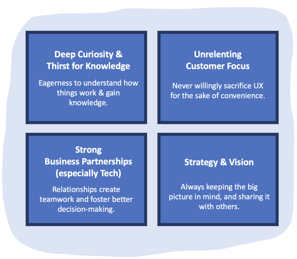 A graphic with 4 boxes about Curiosity, Customer Focus, Strategy, and building relationships